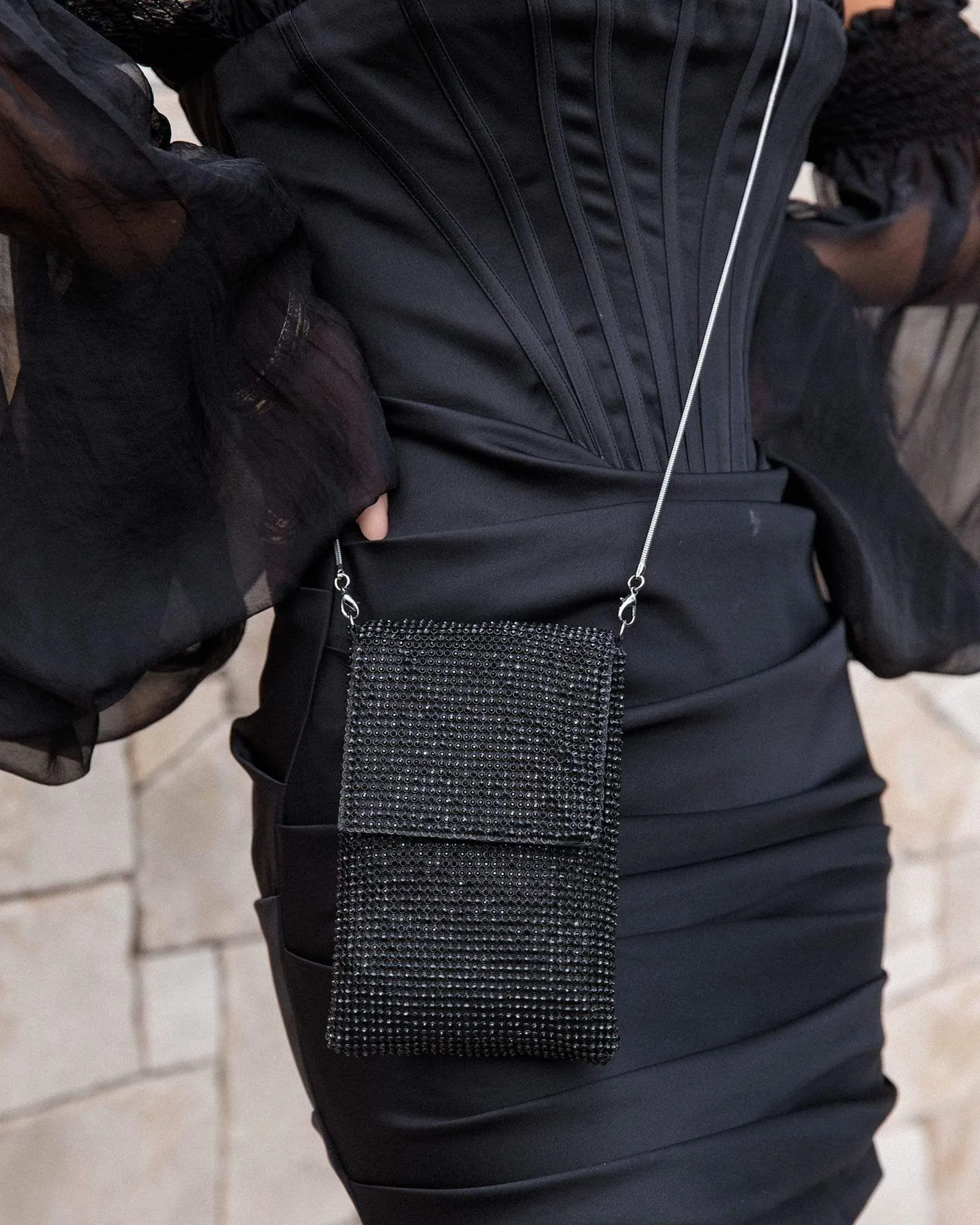 Black Giselle Mobile Crystal Crossbody Bag