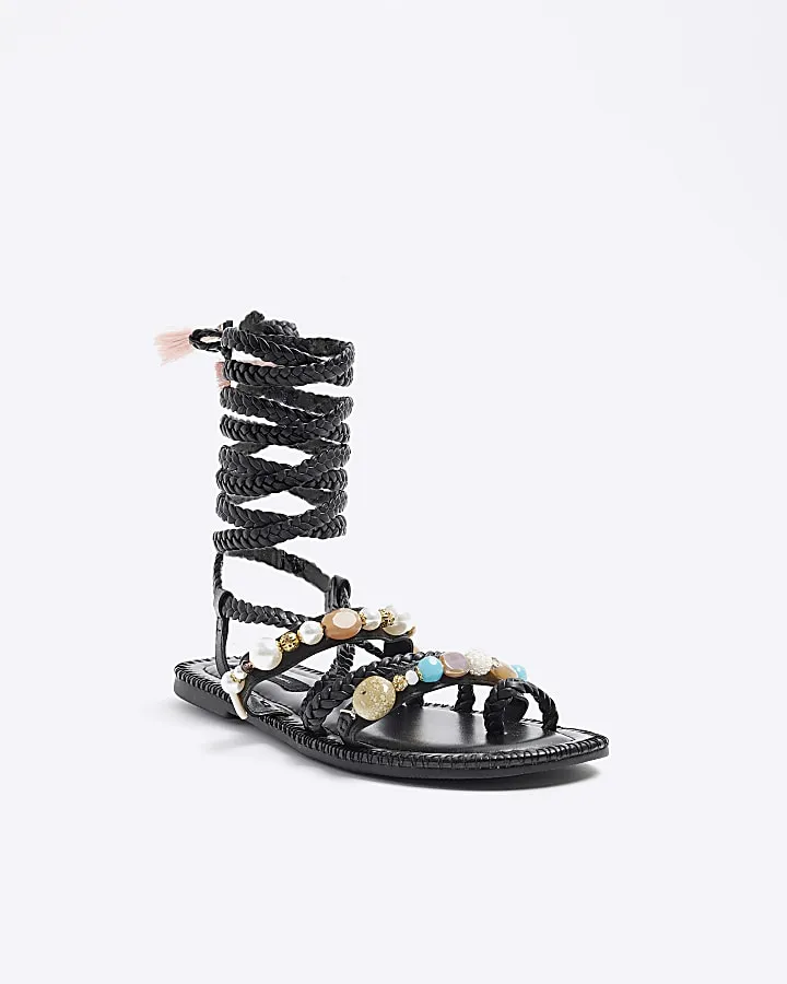 Black Leather beaded tie up gladiator sandals