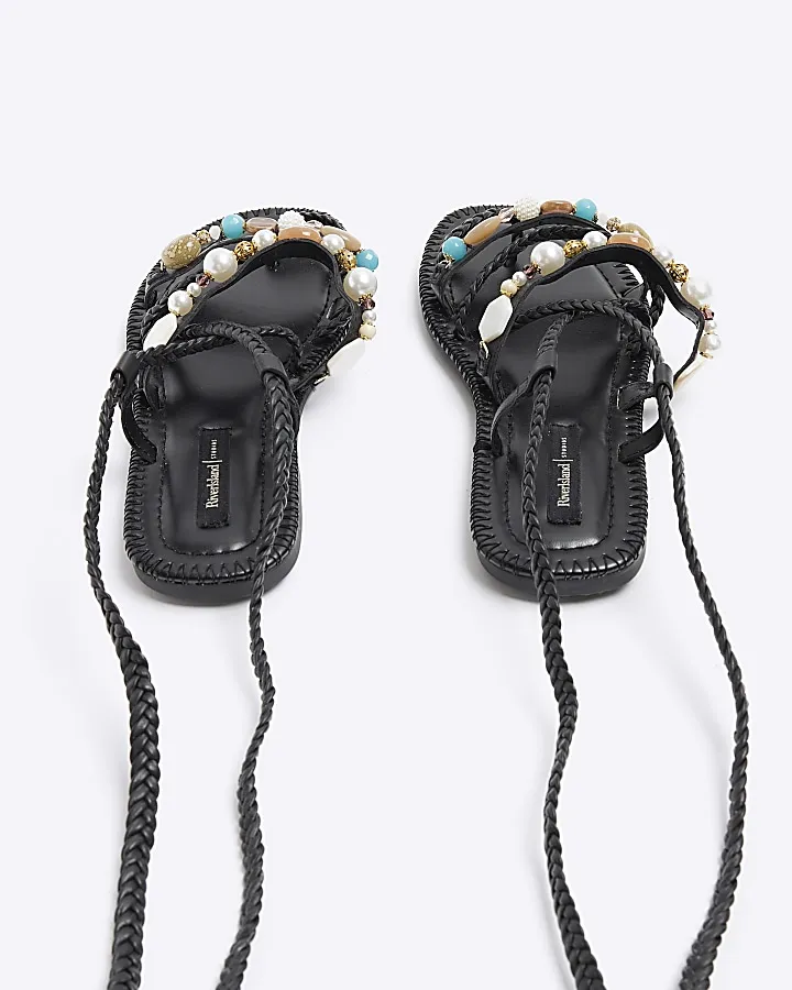 Black Leather beaded tie up gladiator sandals