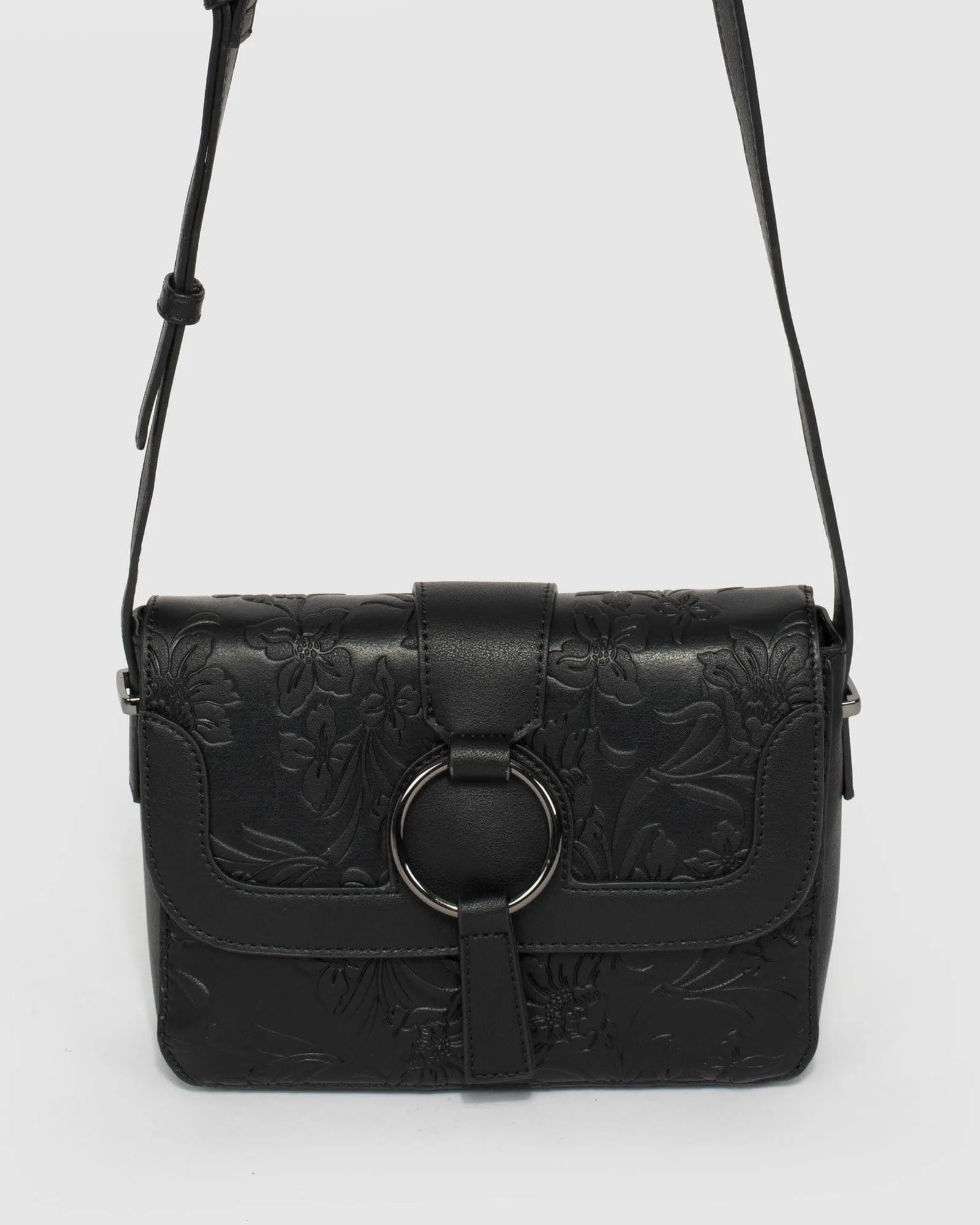 Black Mona Ring Embossed Crossbody Bag