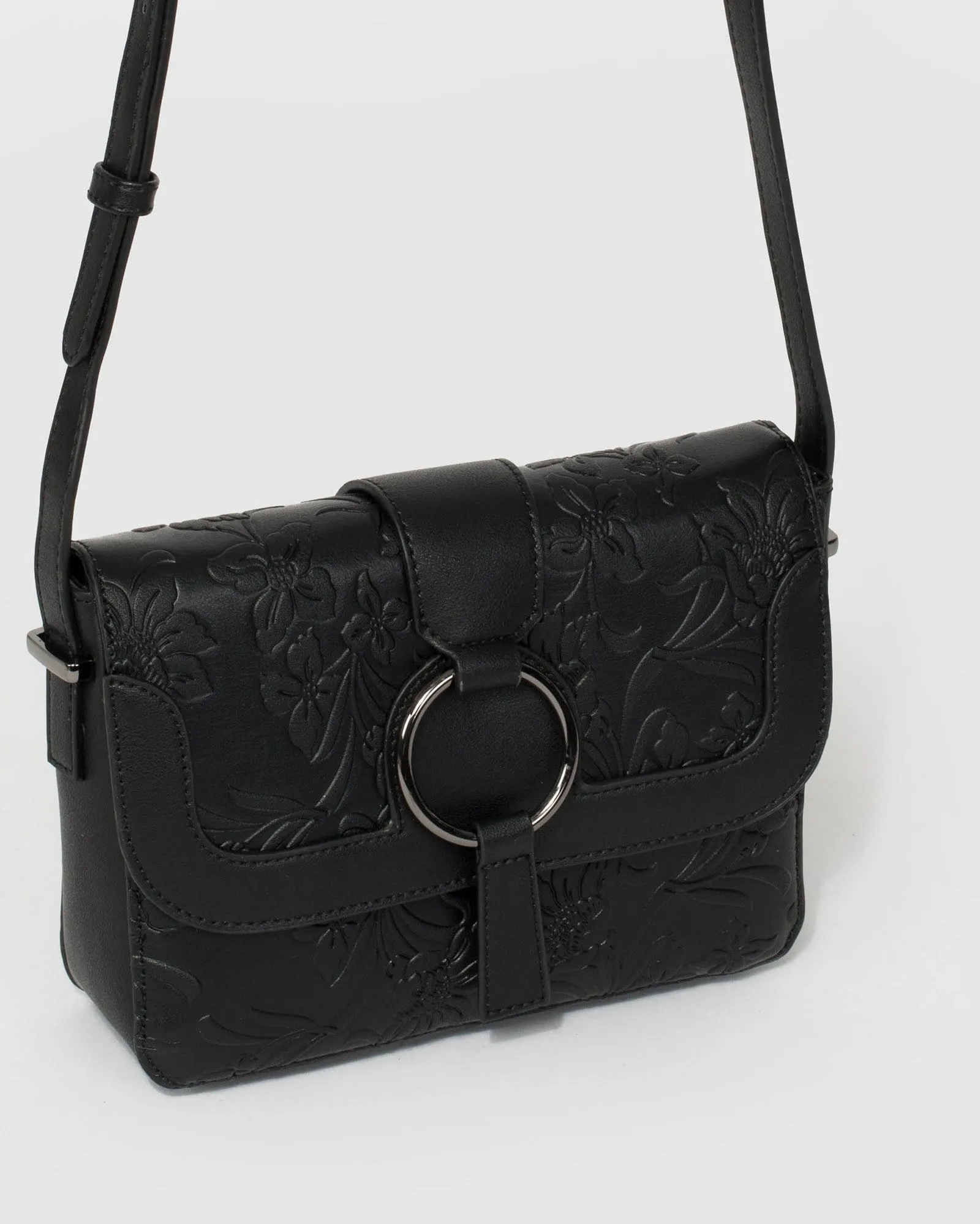 Black Mona Ring Embossed Crossbody Bag