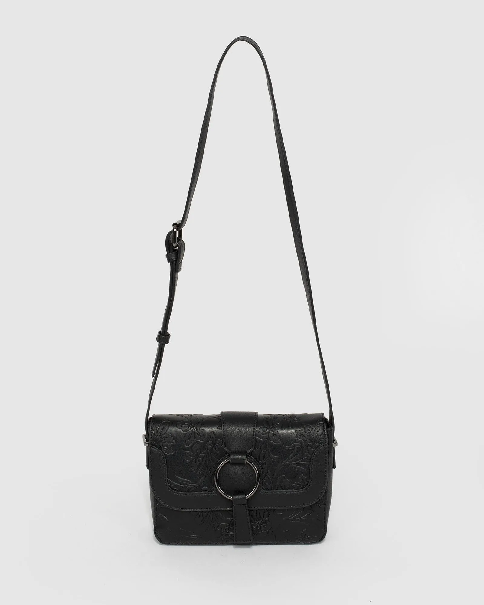 Black Mona Ring Embossed Crossbody Bag