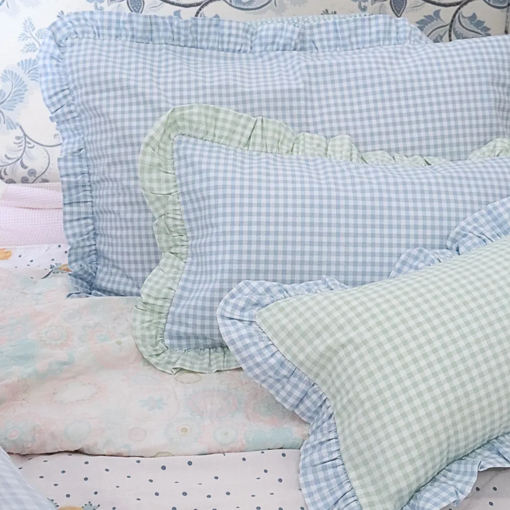 Blue gingham frilly pillowcase