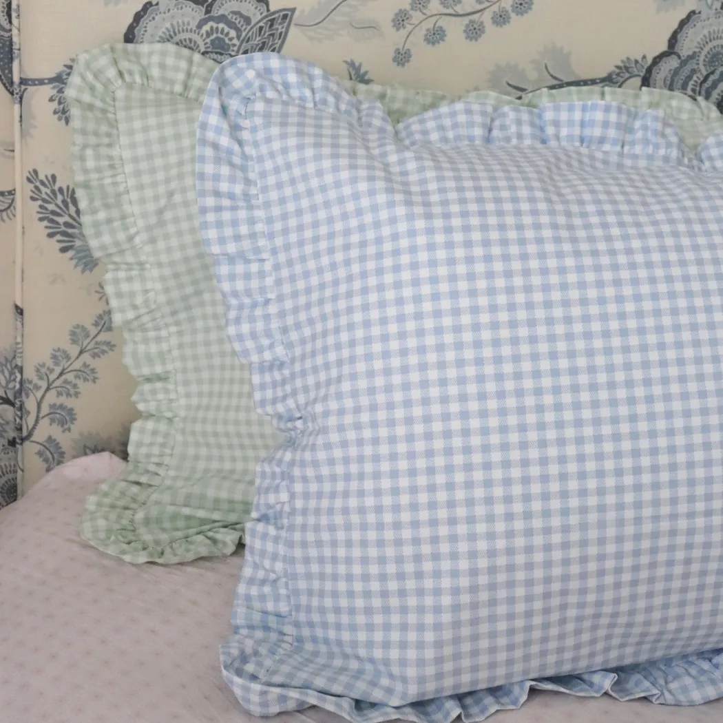 Blue gingham frilly pillowcase