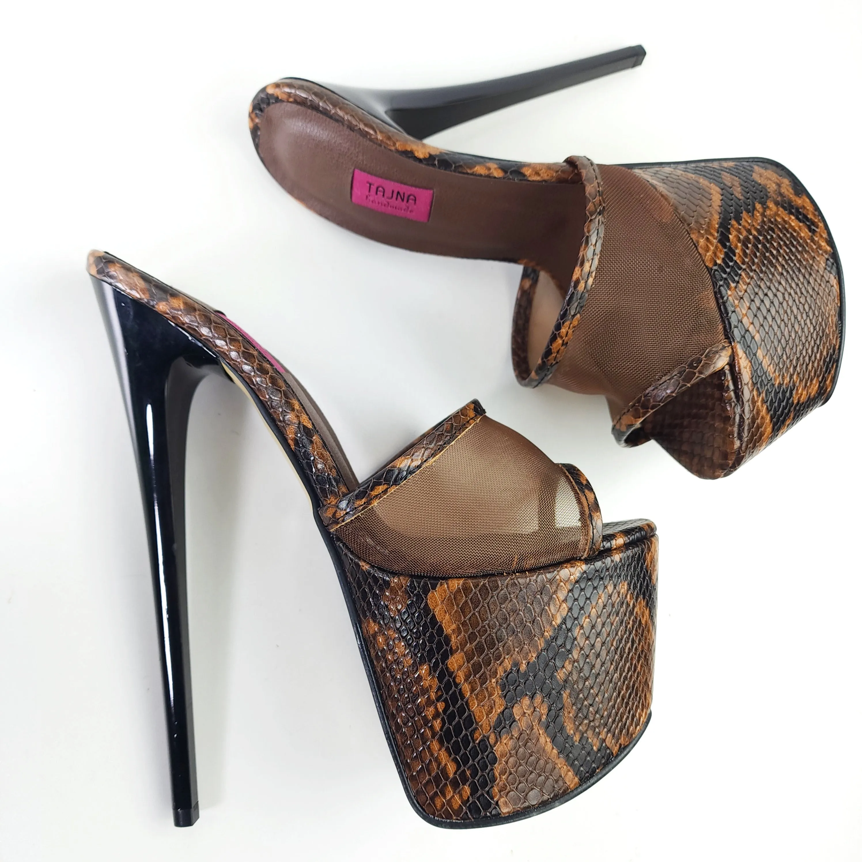 Brown Transparent Snake Print High Heel Mules