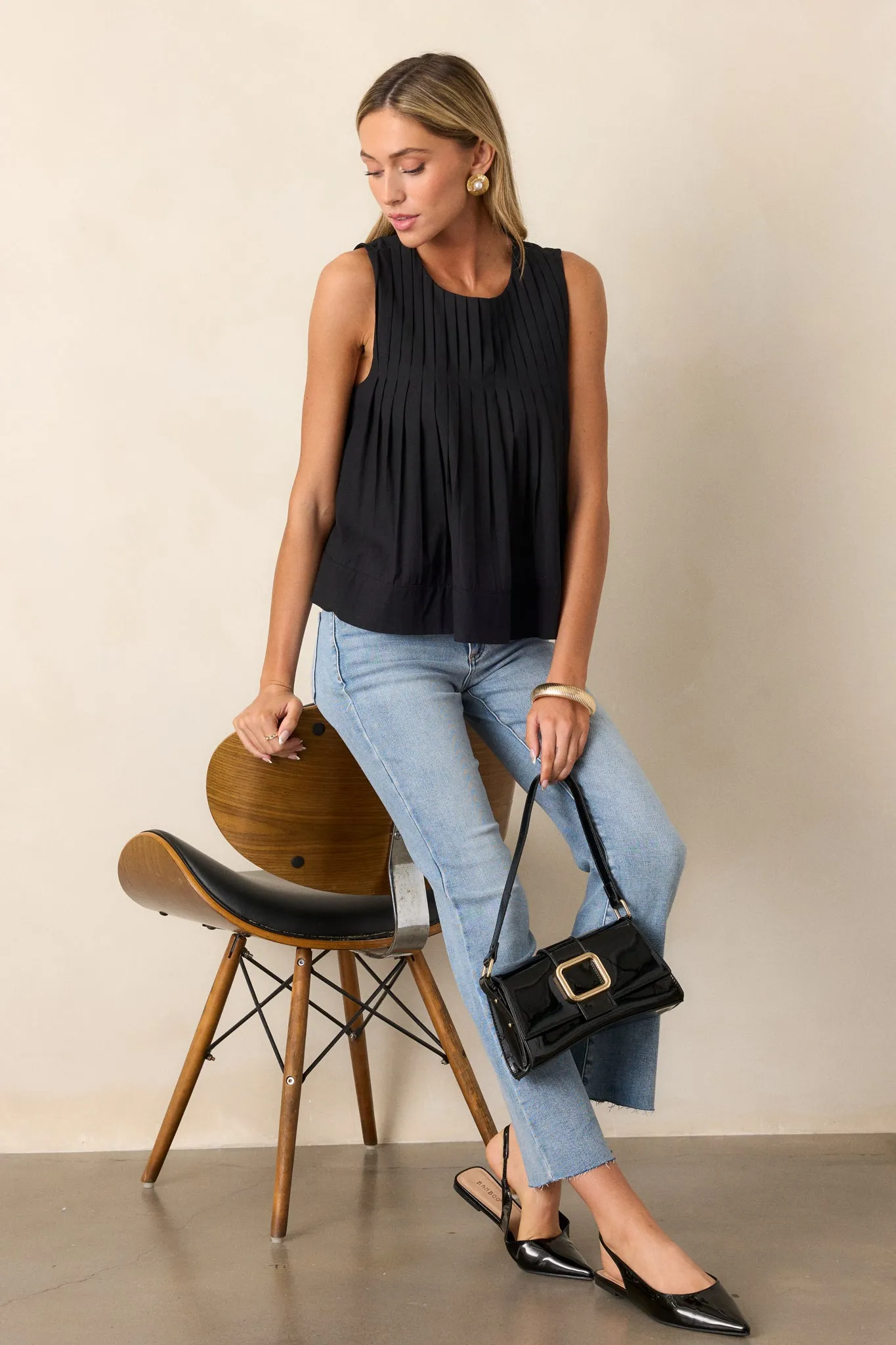 Class Act Black Pleated Sleeveless Top