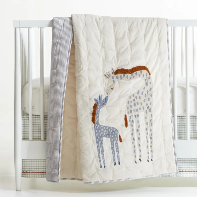 Crate&Barrel Giraffe Embroidered Hand-Quilted Organic Cotton Baby Crib Quilt