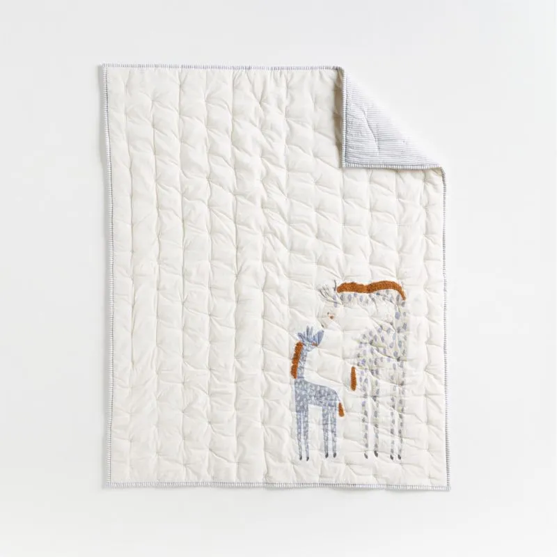 Crate&Barrel Giraffe Embroidered Hand-Quilted Organic Cotton Baby Crib Quilt