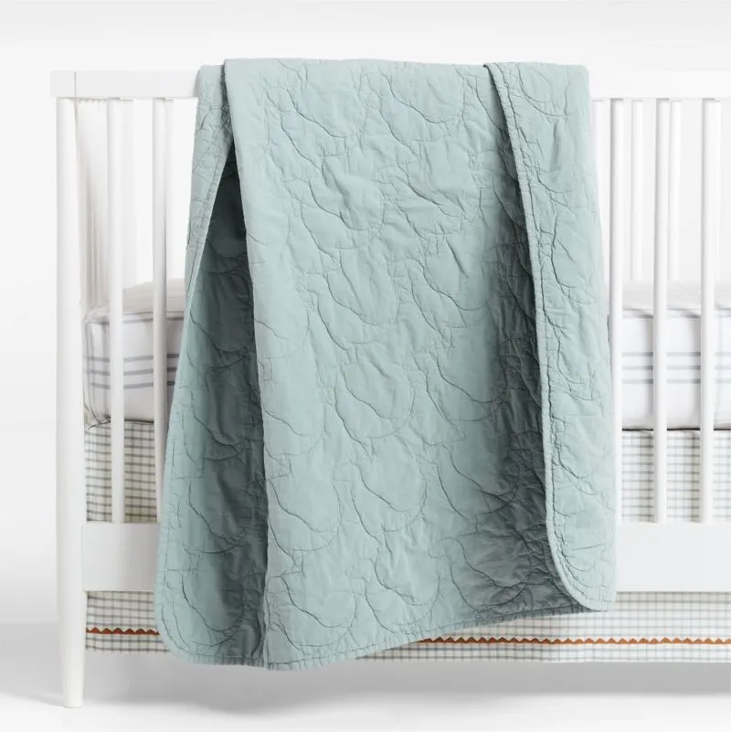 Crate&Barrel Sunwashed Misty Blue Dino Organic Cotton Baby Crib Quilt