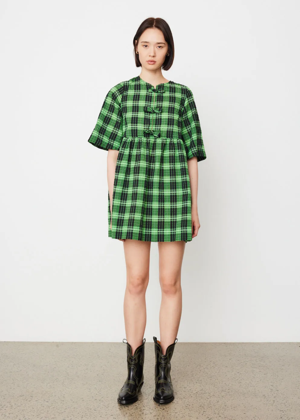 Ganni -  Seersucker Check Ribbon Mini Dress - Dress