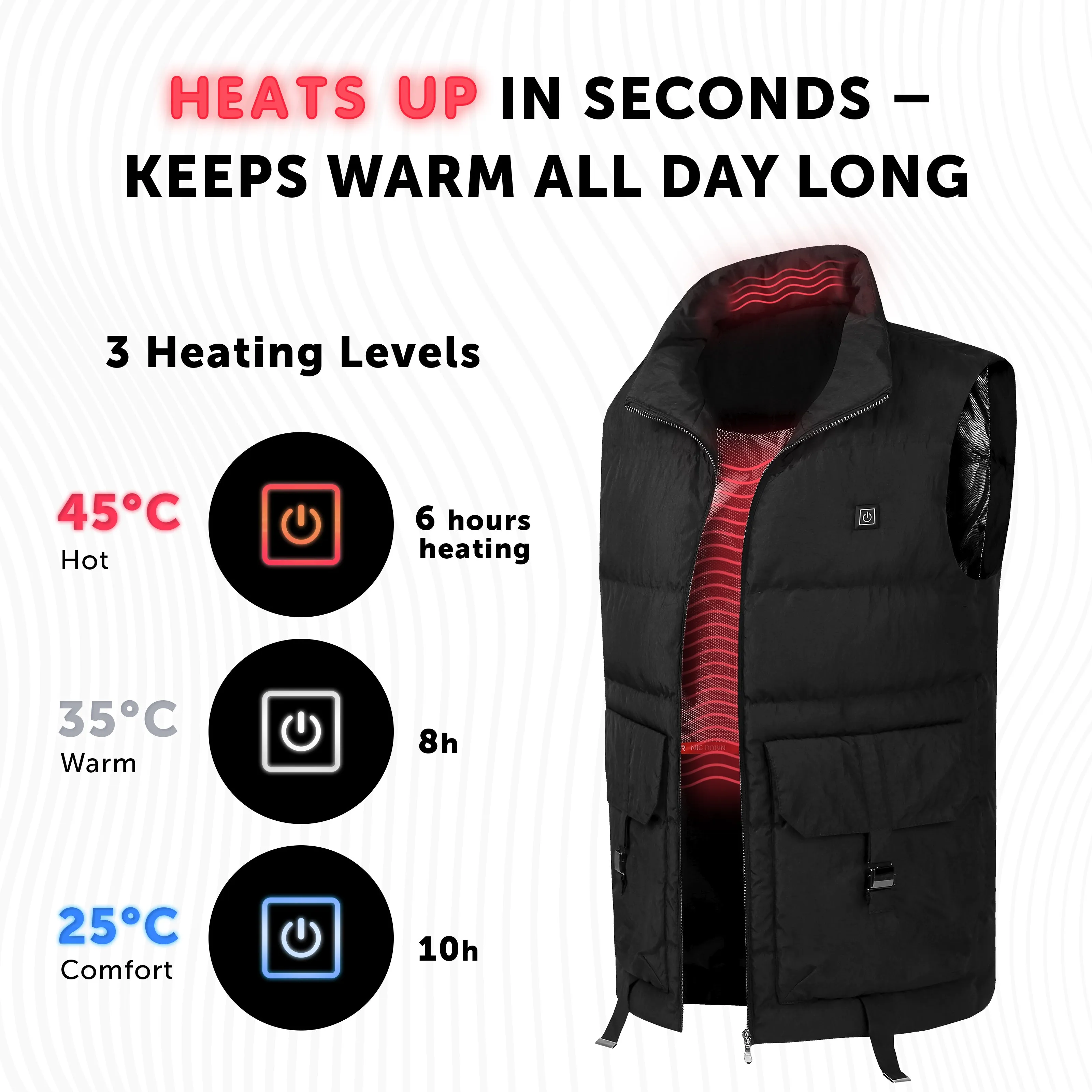 Heated Vest for Teenagers Black - Lightweight Electric Heating 7v Smart Warming Vest - Rechargeable Battery Pack Included