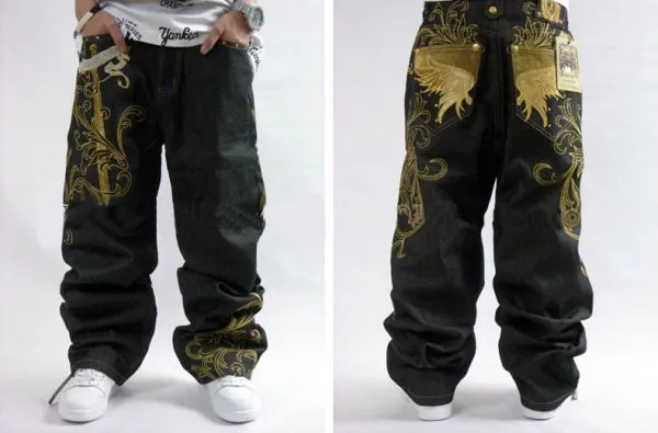 Hip Hop Baggy Jeans with Gold Embroidery on the back