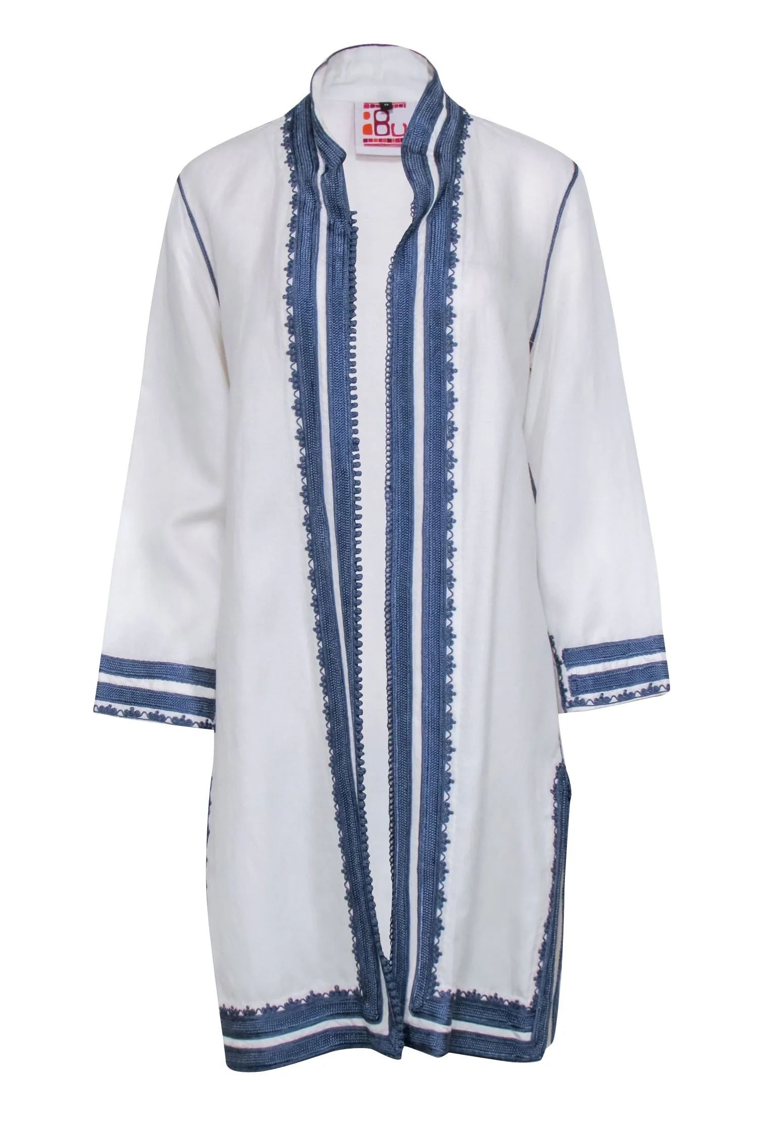 Ibu - Ivory Open Front Duster Jacket w/ Embroidered Blue Trim Sz M