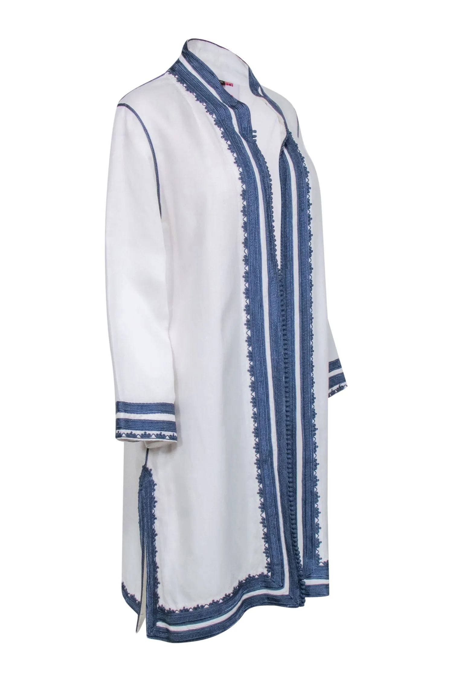 Ibu - Ivory Open Front Duster Jacket w/ Embroidered Blue Trim Sz M