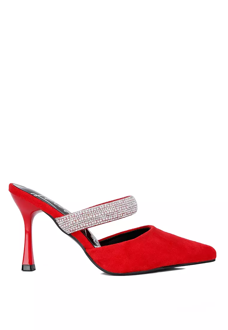 London Rag Red Diamante Strap Heeled Mules