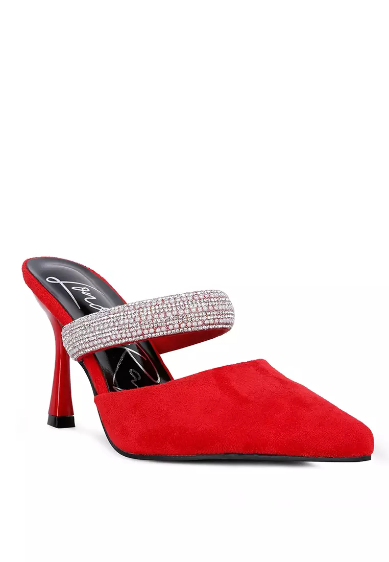 London Rag Red Diamante Strap Heeled Mules