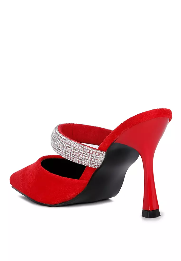 London Rag Red Diamante Strap Heeled Mules