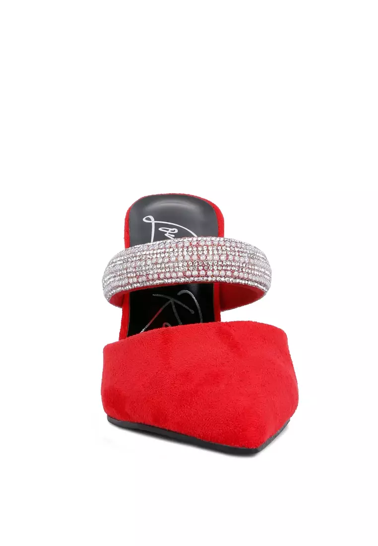 London Rag Red Diamante Strap Heeled Mules