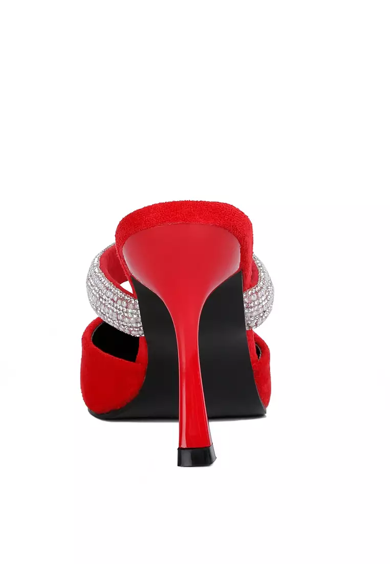 London Rag Red Diamante Strap Heeled Mules