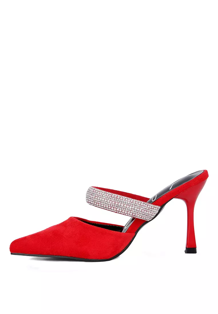 London Rag Red Diamante Strap Heeled Mules