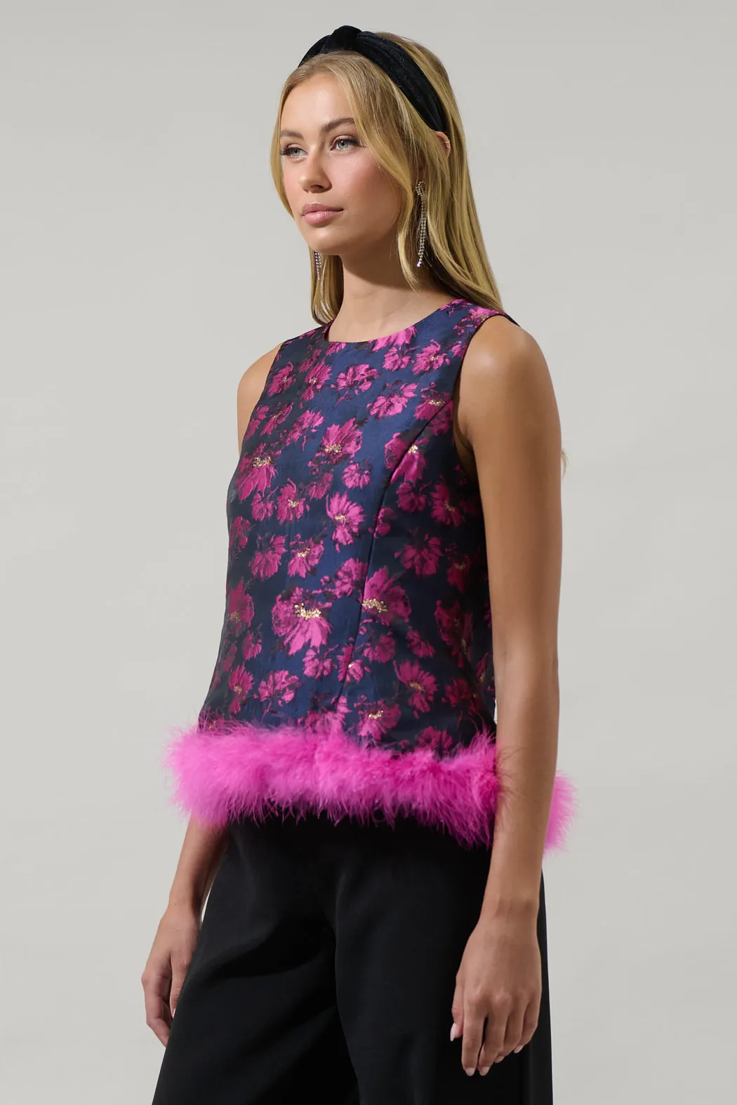 Lorna Jacquard Floral Feather Trim Sleeveless Top