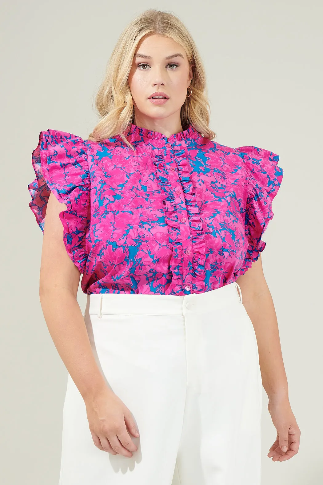 Lucy Floral Sleeveless Ruffle Top Curve