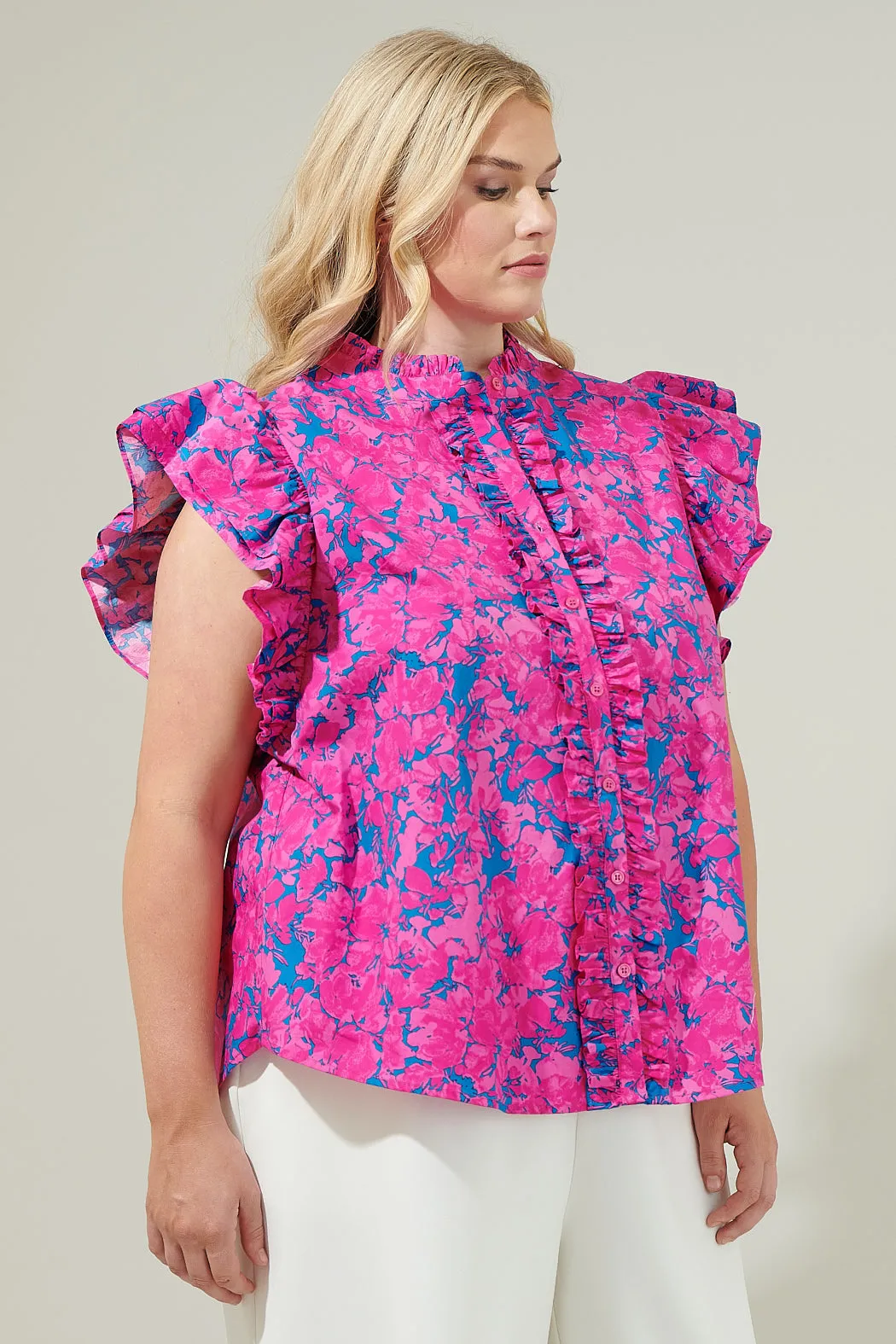 Lucy Floral Sleeveless Ruffle Top Curve