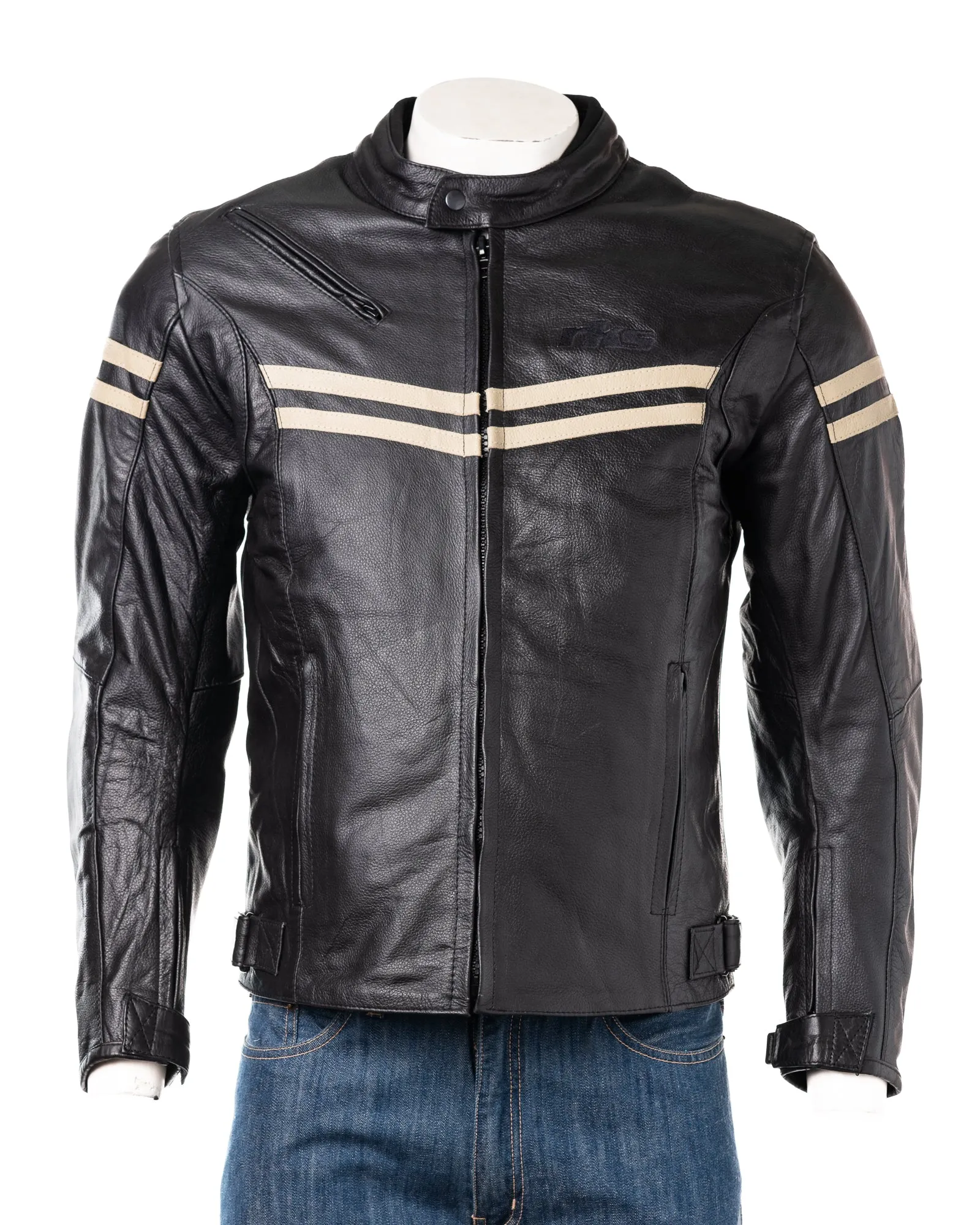 Men's Black & Beige Stripe Cow Hide Motorbike Jacket With Removable Armour: Lucas