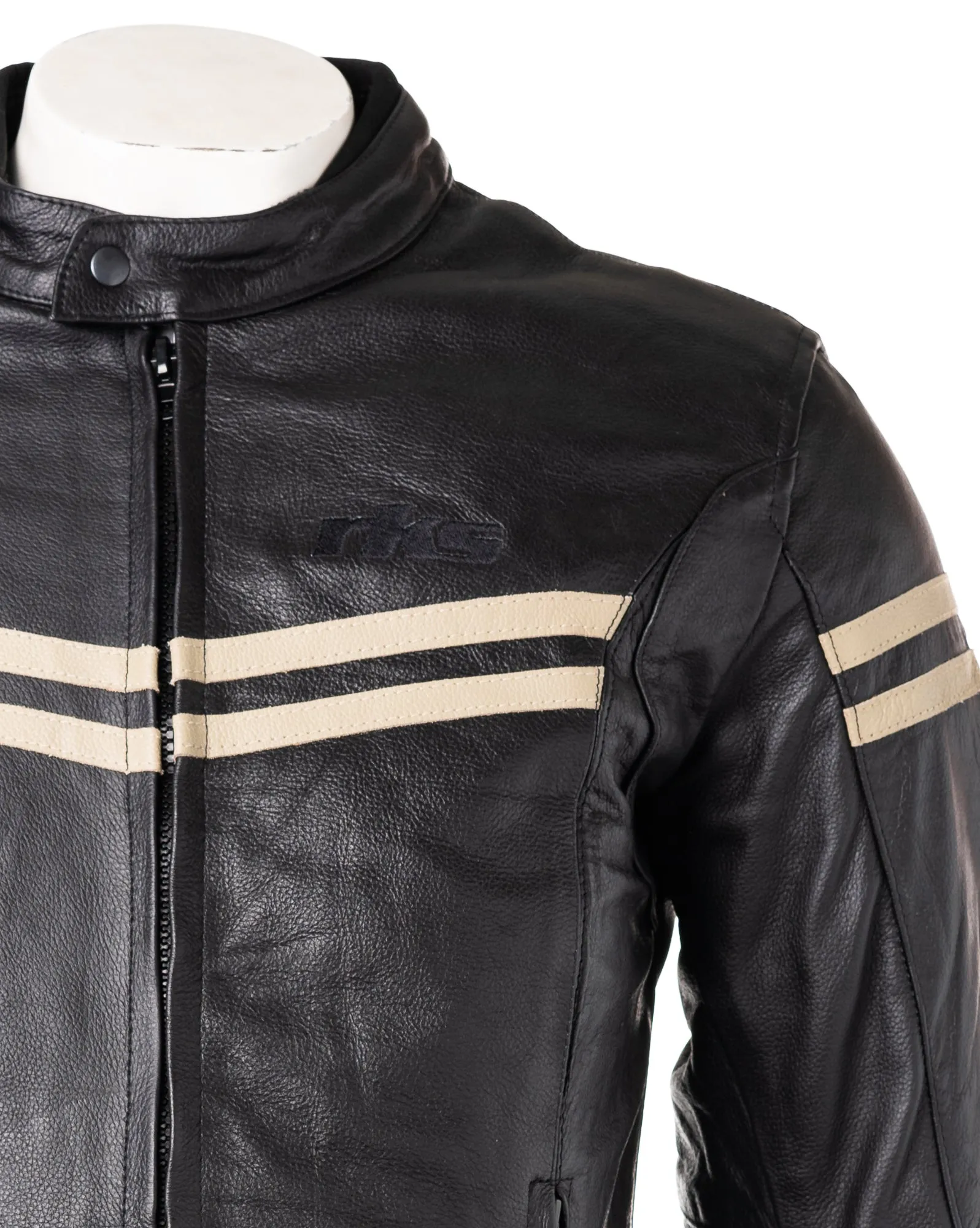 Men's Black & Beige Stripe Cow Hide Motorbike Jacket With Removable Armour: Lucas