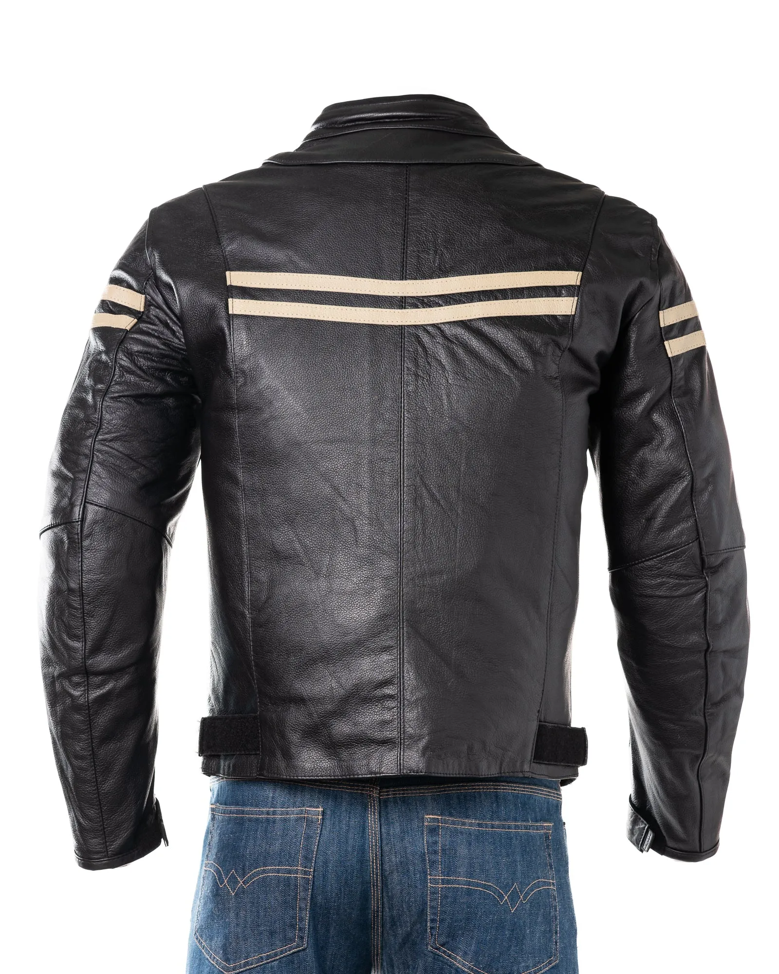 Men's Black & Beige Stripe Cow Hide Motorbike Jacket With Removable Armour: Lucas