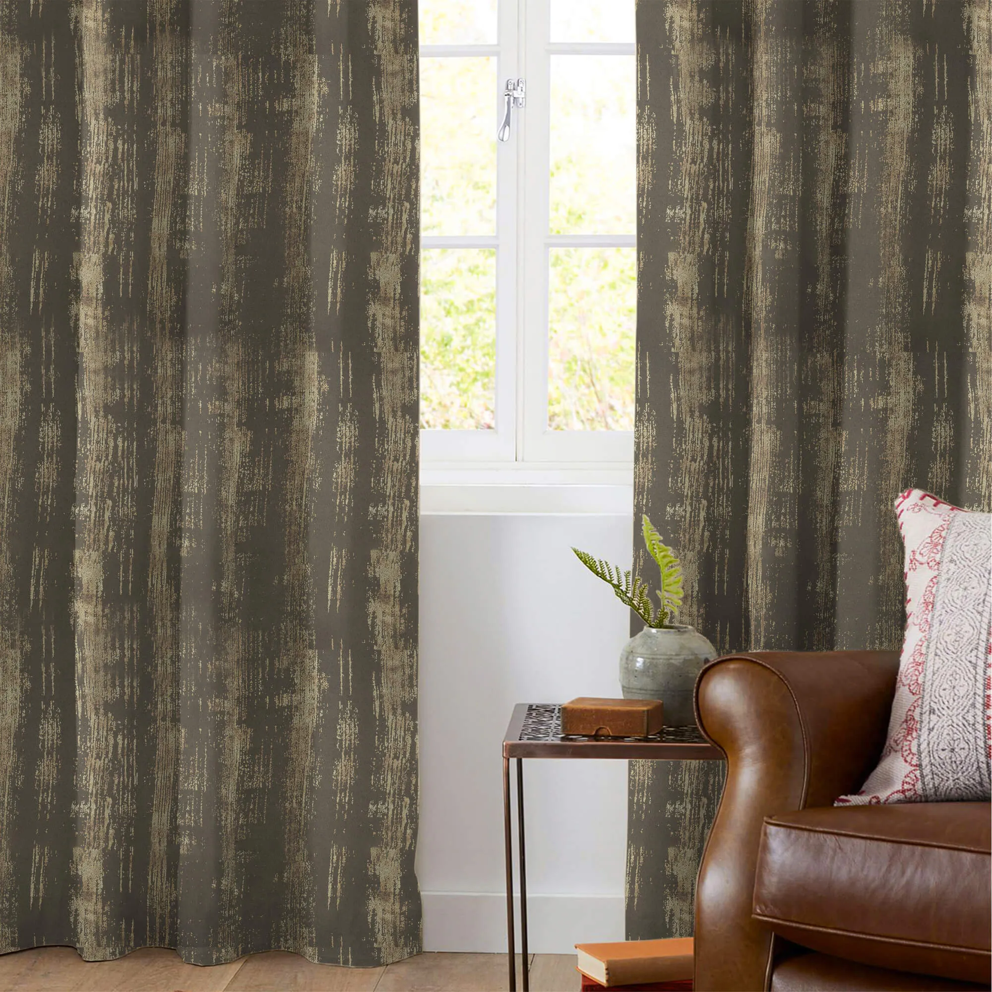 Metallic Brown Texture Pattern Golden Foil Premium Curtain Fabric (Width 54 Inches)