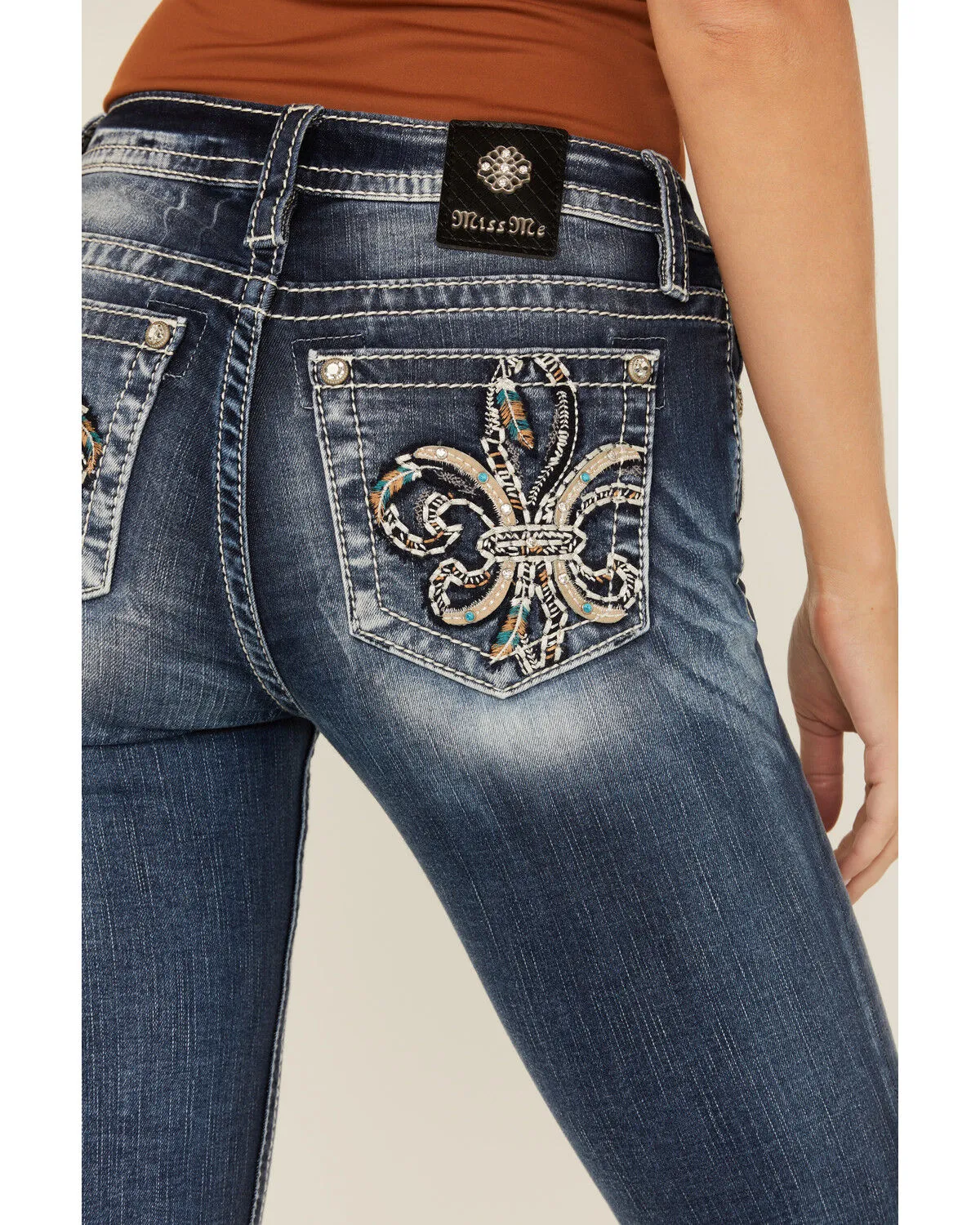 Miss Me Women's Dark Wash Mid Rise Embroidered Fleur De Lis Stretch Denim Jeans