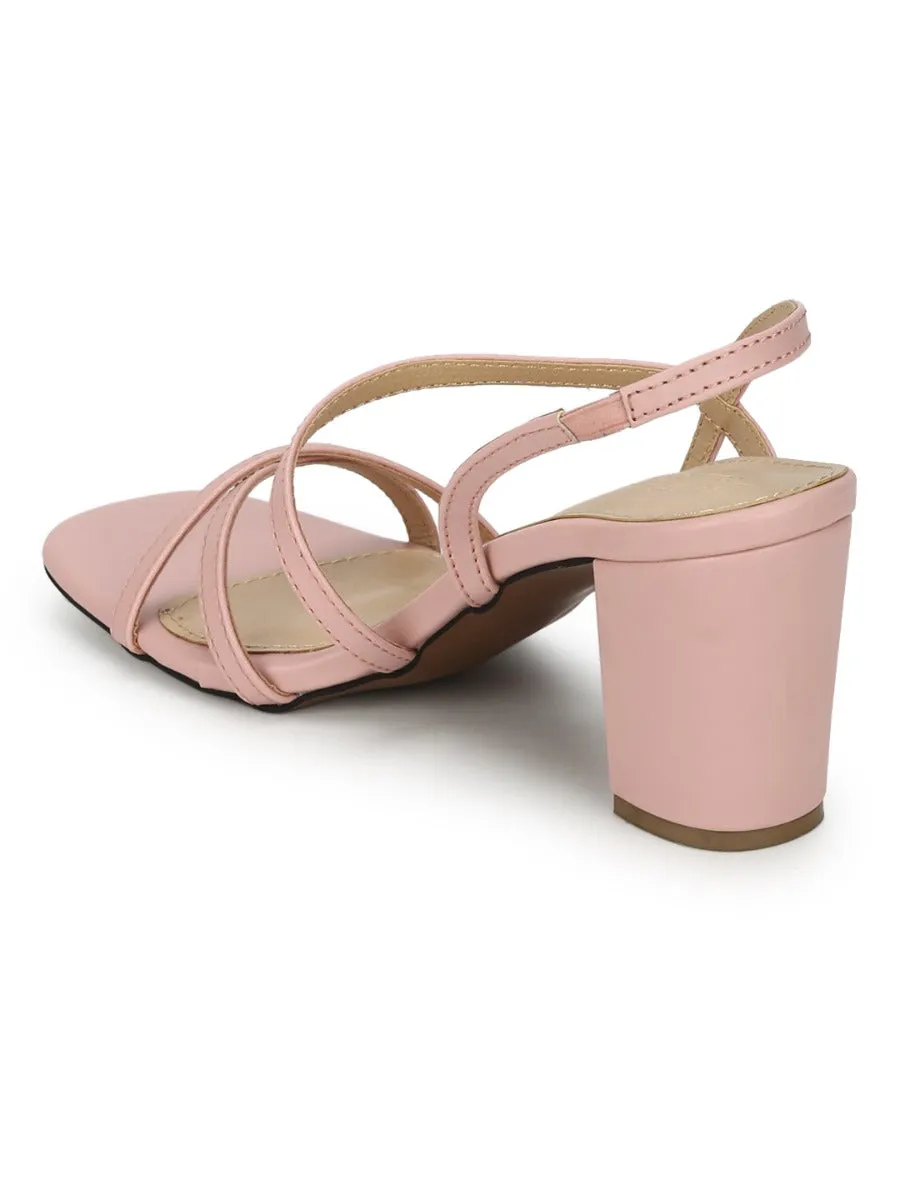 Nude PU Crossover Strap Block Heel Sandals