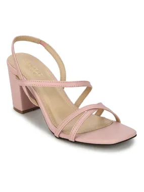 Nude PU Crossover Strap Block Heel Sandals