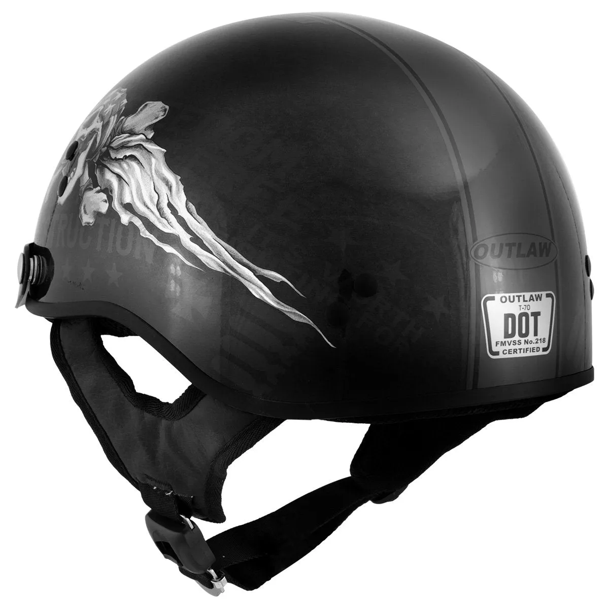 Outlaw Helmets T70 Black Freedom Skull Motorcycle Half Helmet for Men & Women with Sun Visor DOT Approved - Adult Unisex Skull C