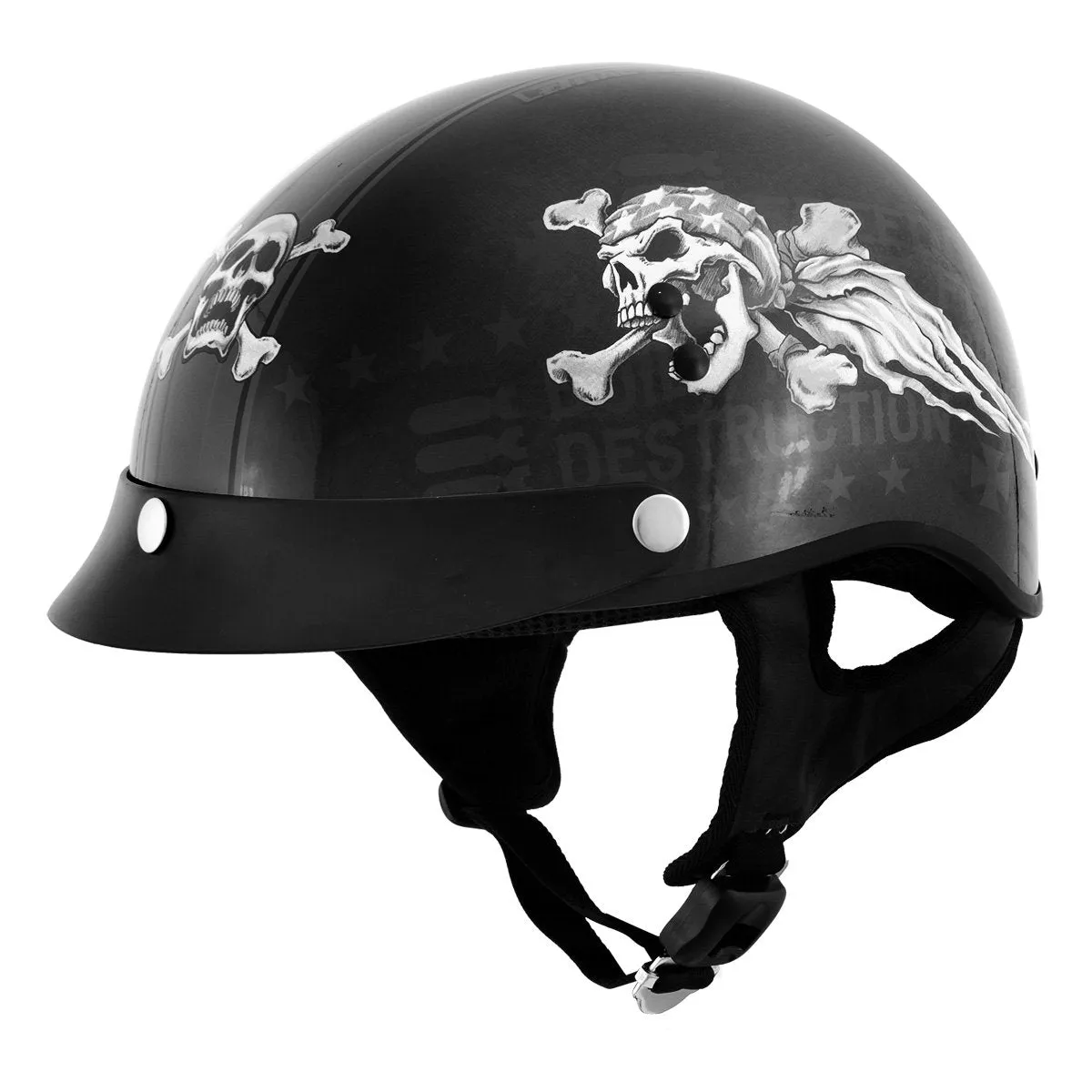 Outlaw Helmets T70 Black Freedom Skull Motorcycle Half Helmet for Men & Women with Sun Visor DOT Approved - Adult Unisex Skull C