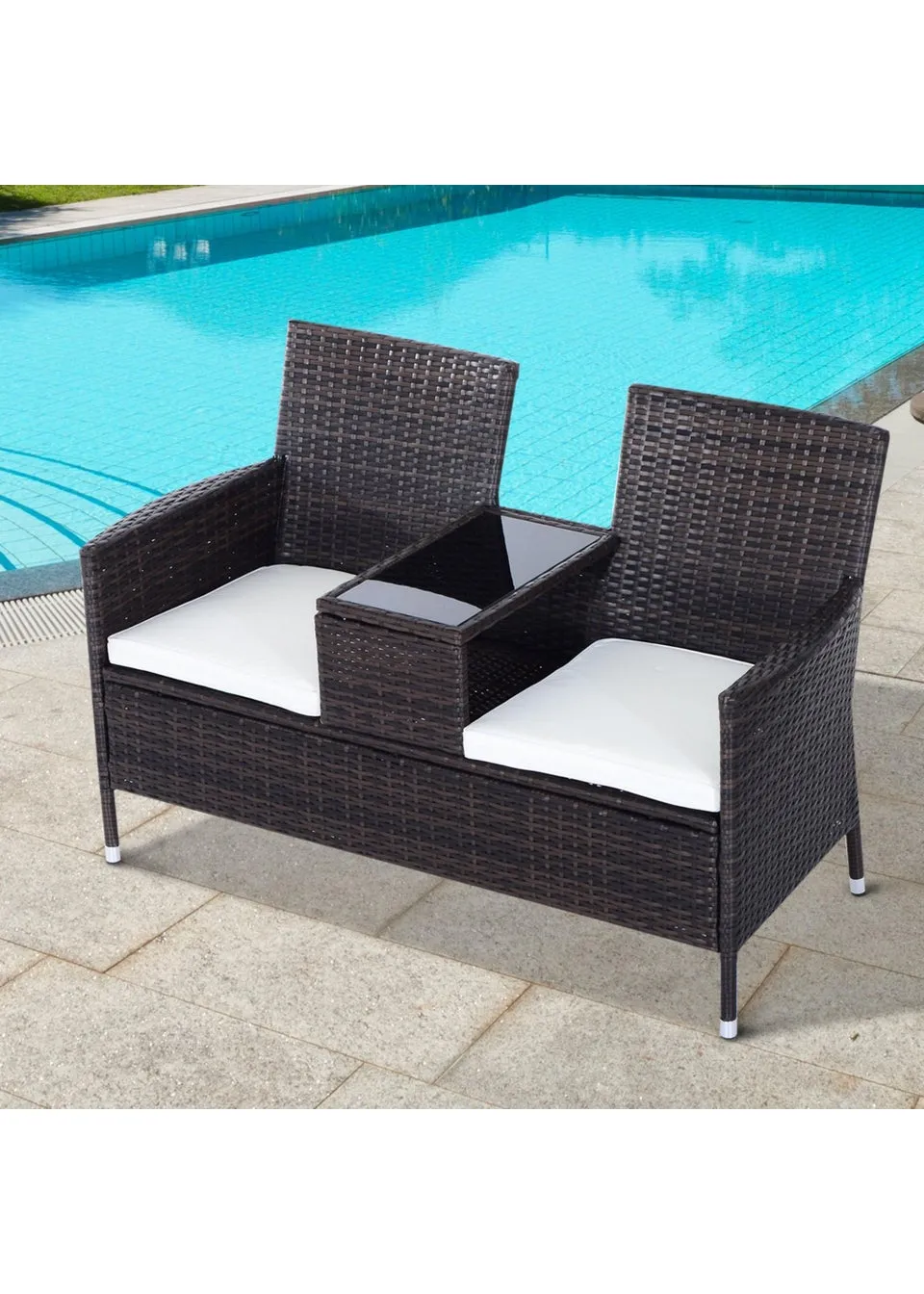 Outsunny Garden Rattan 2 Seater Companion Seat Wicker Love Seat Weave Partner Bench with Cushions