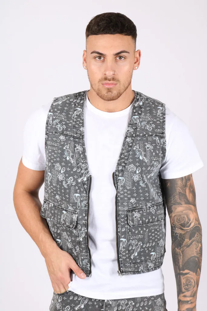 Paisley Printed Denim Gilet Vest