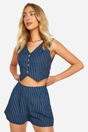 Pinstripe Linen Look Vest & Relaxed Fit Shorts