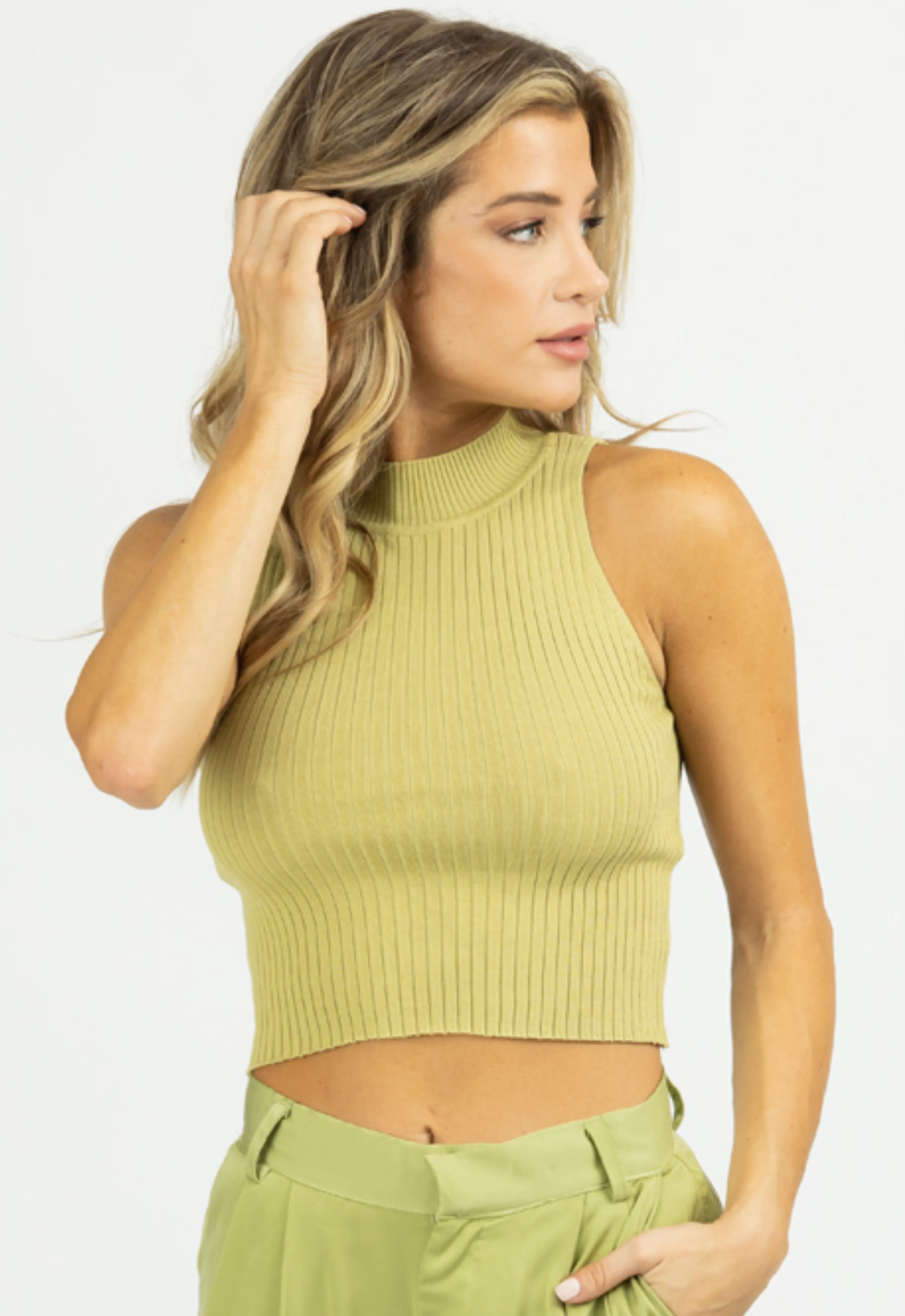 PISTACHIO RIBBED SLEEVELESS MOCK NECK TOP