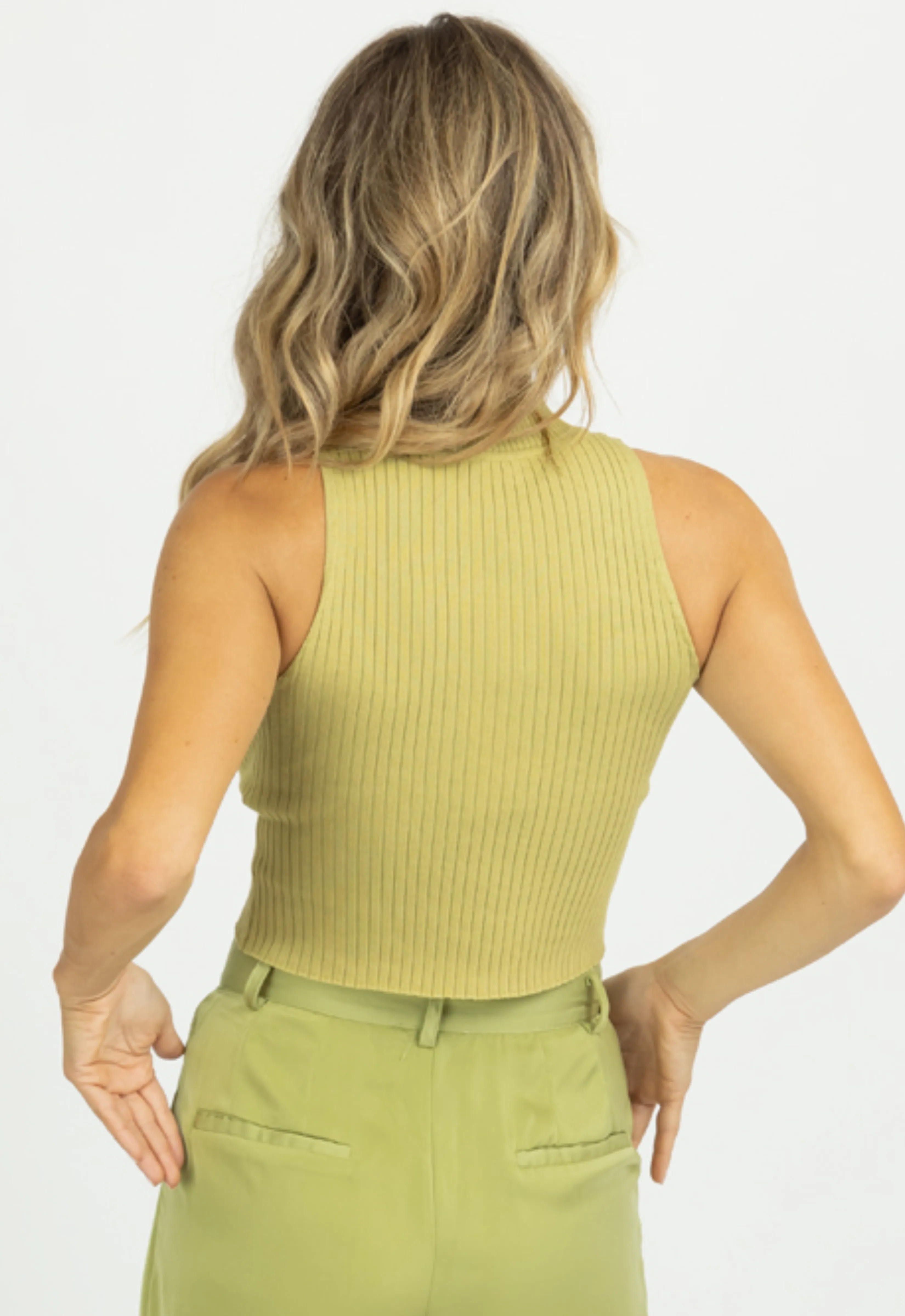 PISTACHIO RIBBED SLEEVELESS MOCK NECK TOP