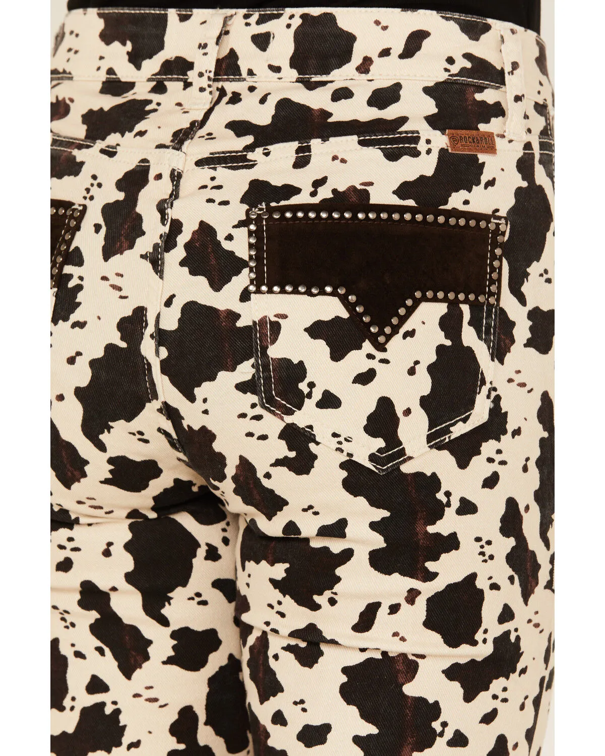 Product Name:  Rock & Roll Denim Women's Cow Print High Rise Button Bargain Bell Flare Jeans