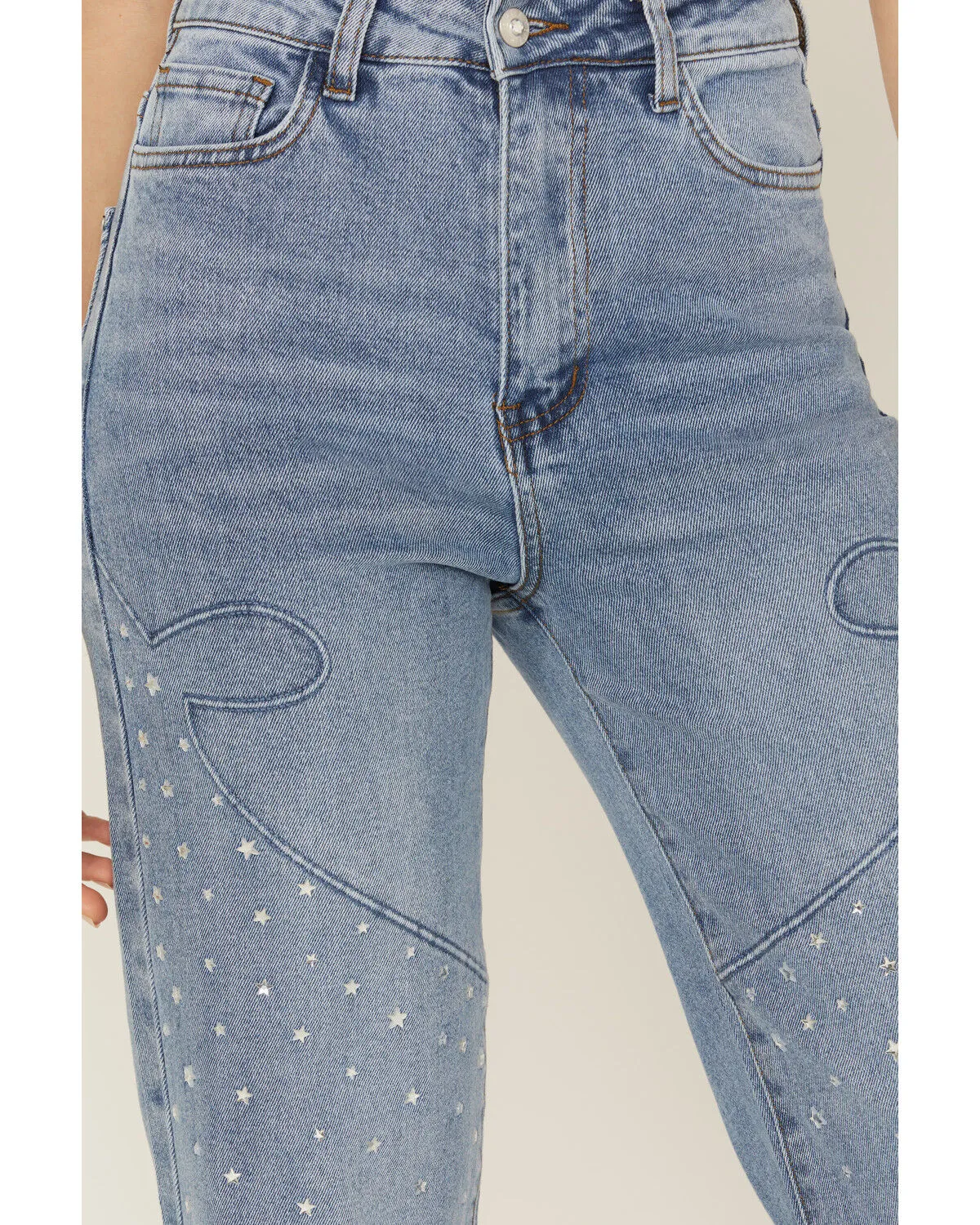 Product Name:  Vibrant Denim Women's Medium Wash High Rise Wide Leg Embellished Denim Jeans