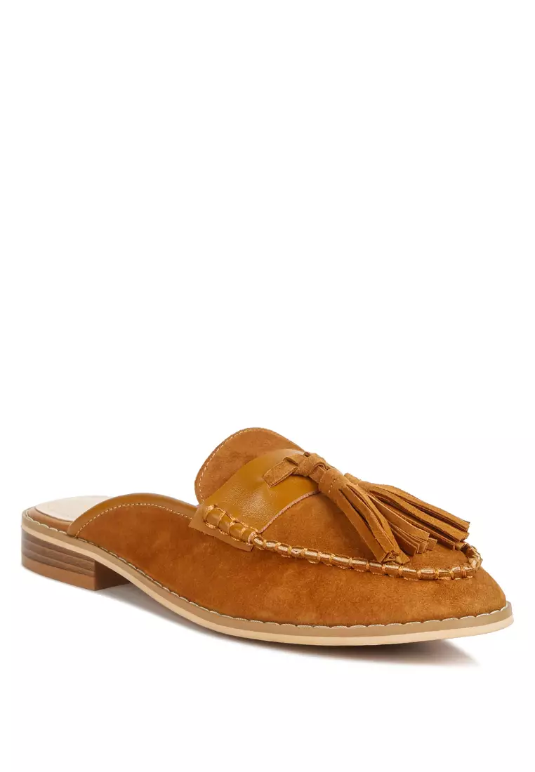 Rag & CO. Light Tan Tassle Detail Leather Mules