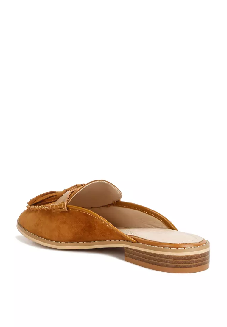 Rag & CO. Light Tan Tassle Detail Leather Mules