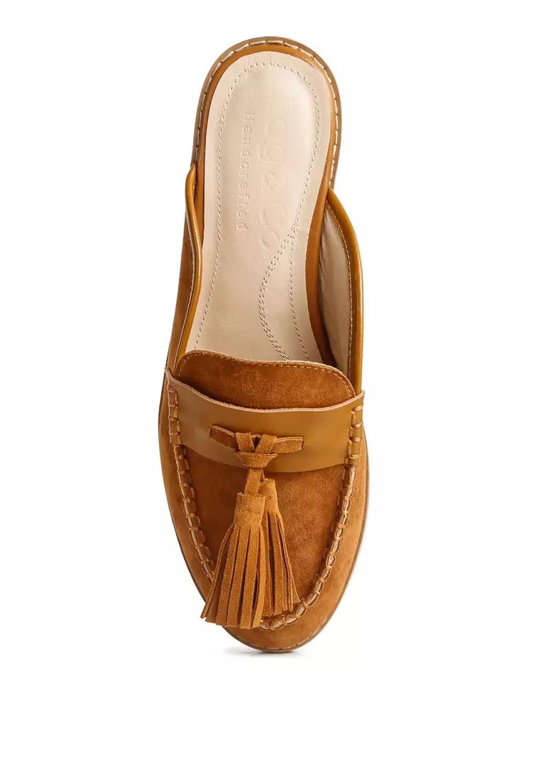 Rag & CO. Light Tan Tassle Detail Leather Mules