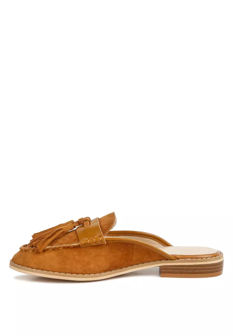 Rag & CO. Light Tan Tassle Detail Leather Mules