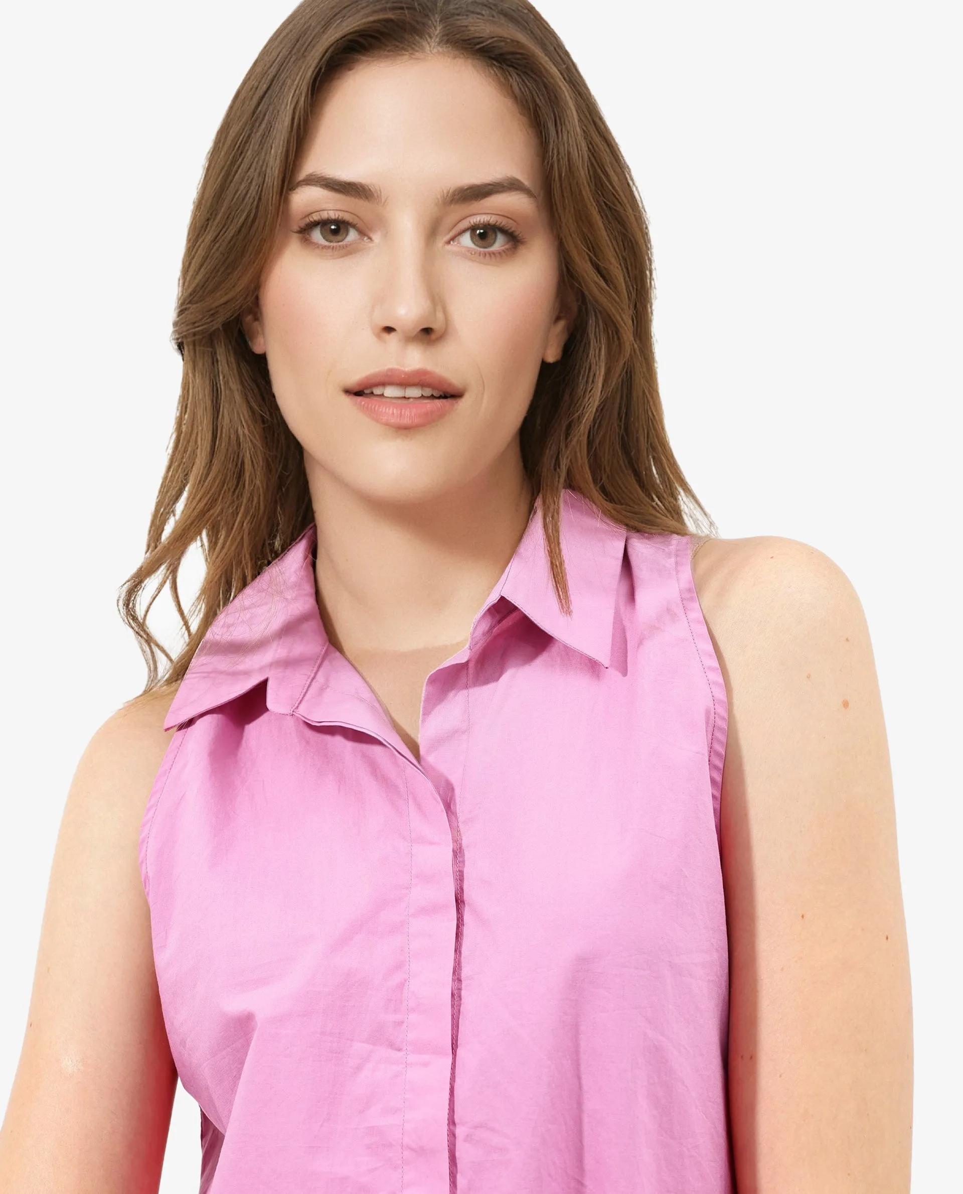 Rareism Women Blumoon Pink Cotton Fabric Sleeveless Collared Neck Button Closure Solid Regular Fit Top