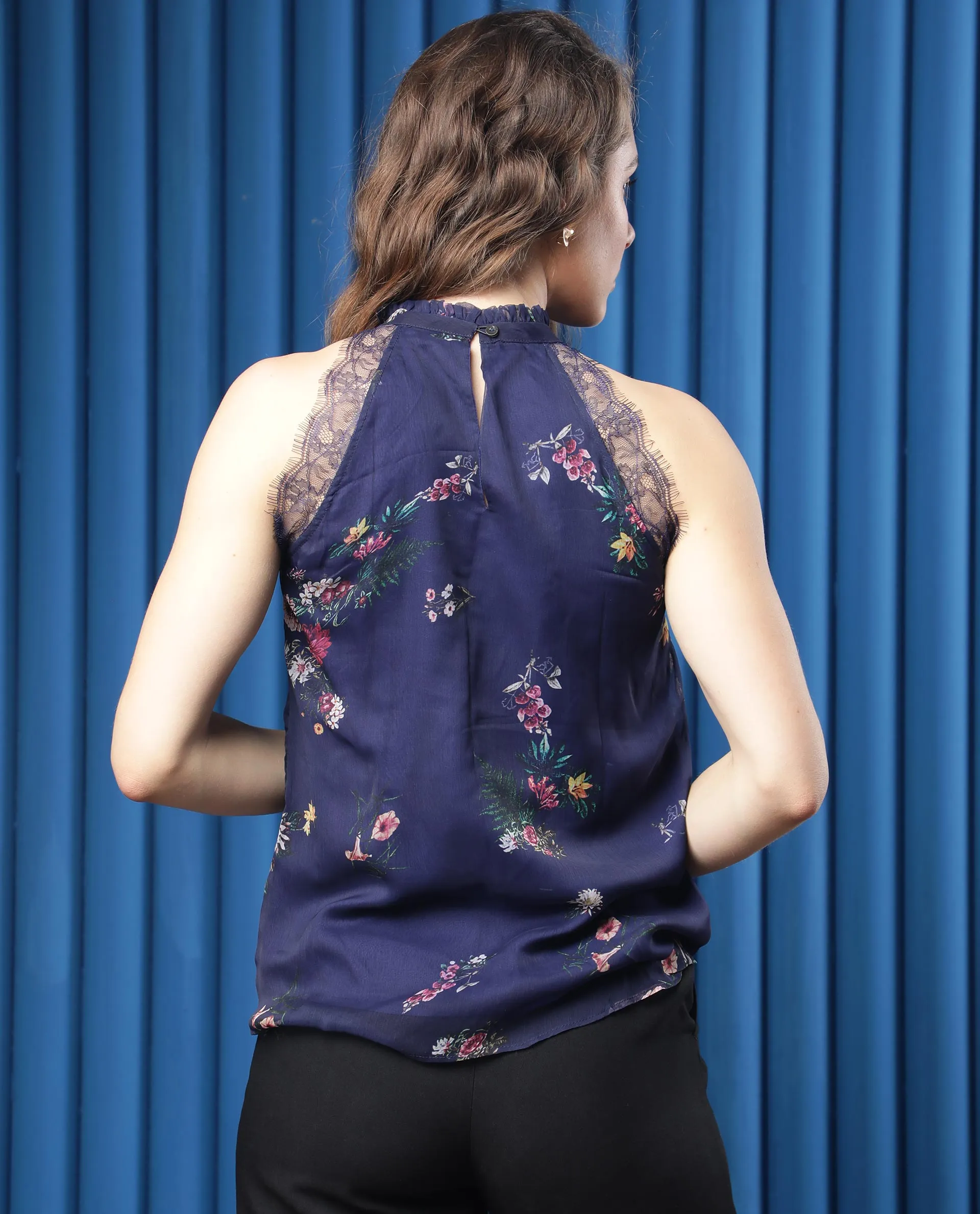 Rareism Women Delins Dark Blue Polyester Fabric Zip Closure High Neck Sleeveless Regular Fit Floral Print Top