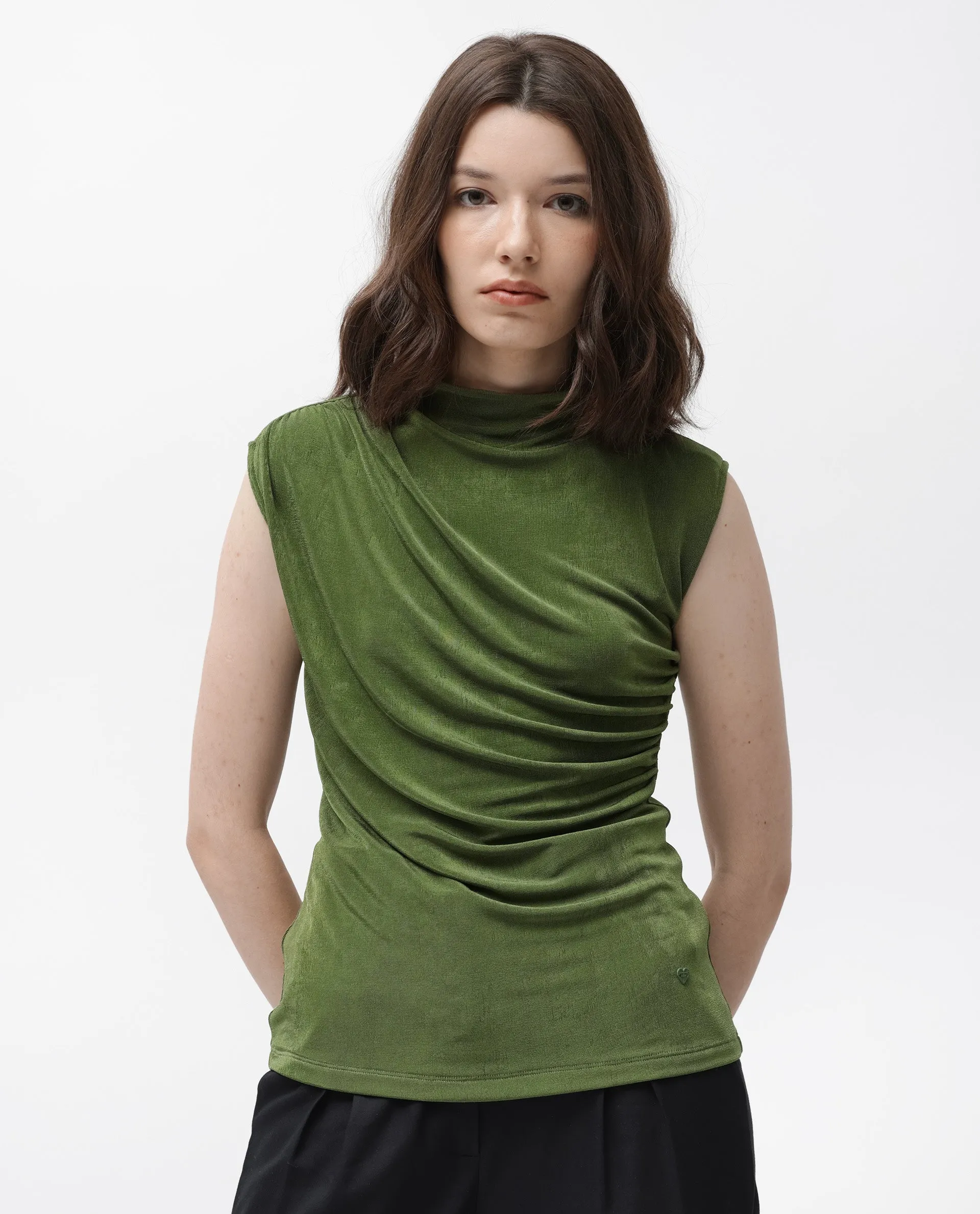 Rareism Women Optus Green Poly Lycra Fabric Regular Fit Cowl Neck Sleeveless Solid Top